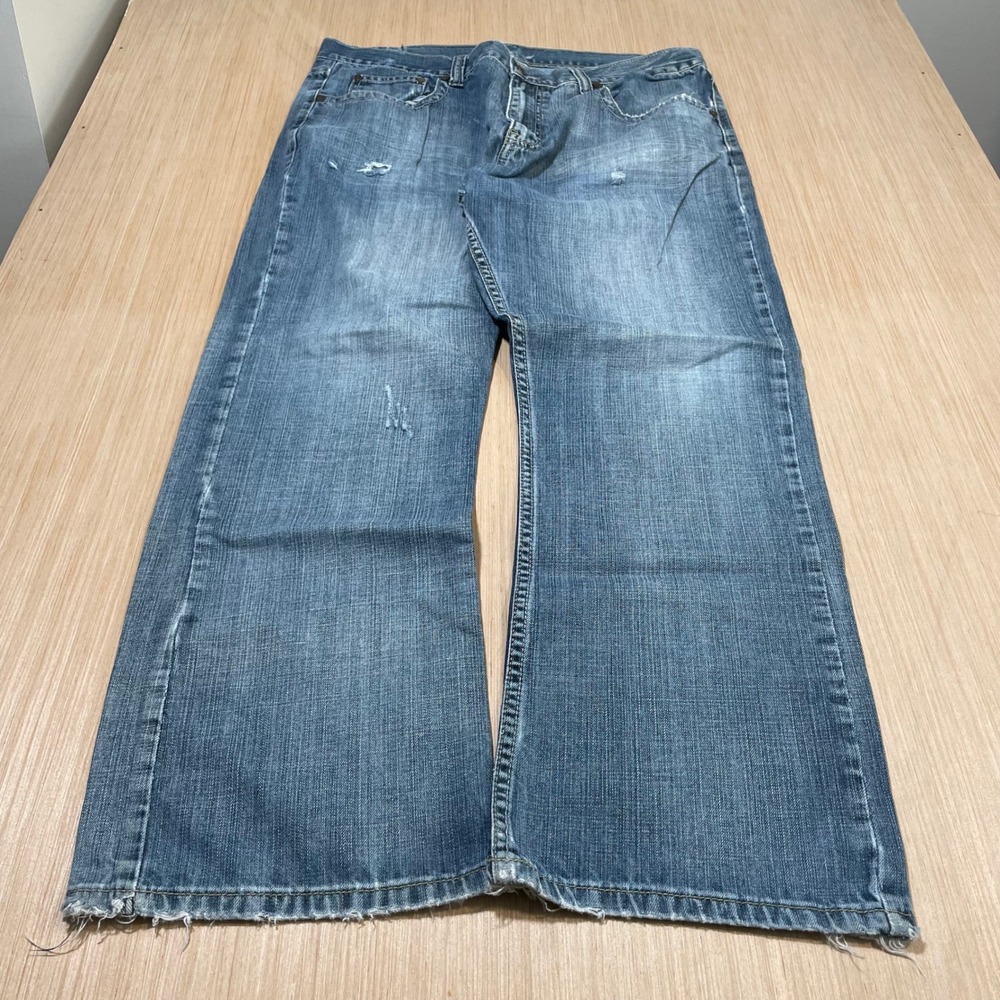 Flypaper Jeans Mens 36x30 Blue Distressed Boot Cut Wide Leg Frayed Hem Y2K Denim